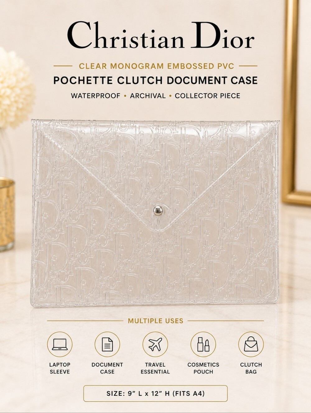 Christian Dior Clear Monogram Embossed PVC Pochette Clutch Document Case Vintage